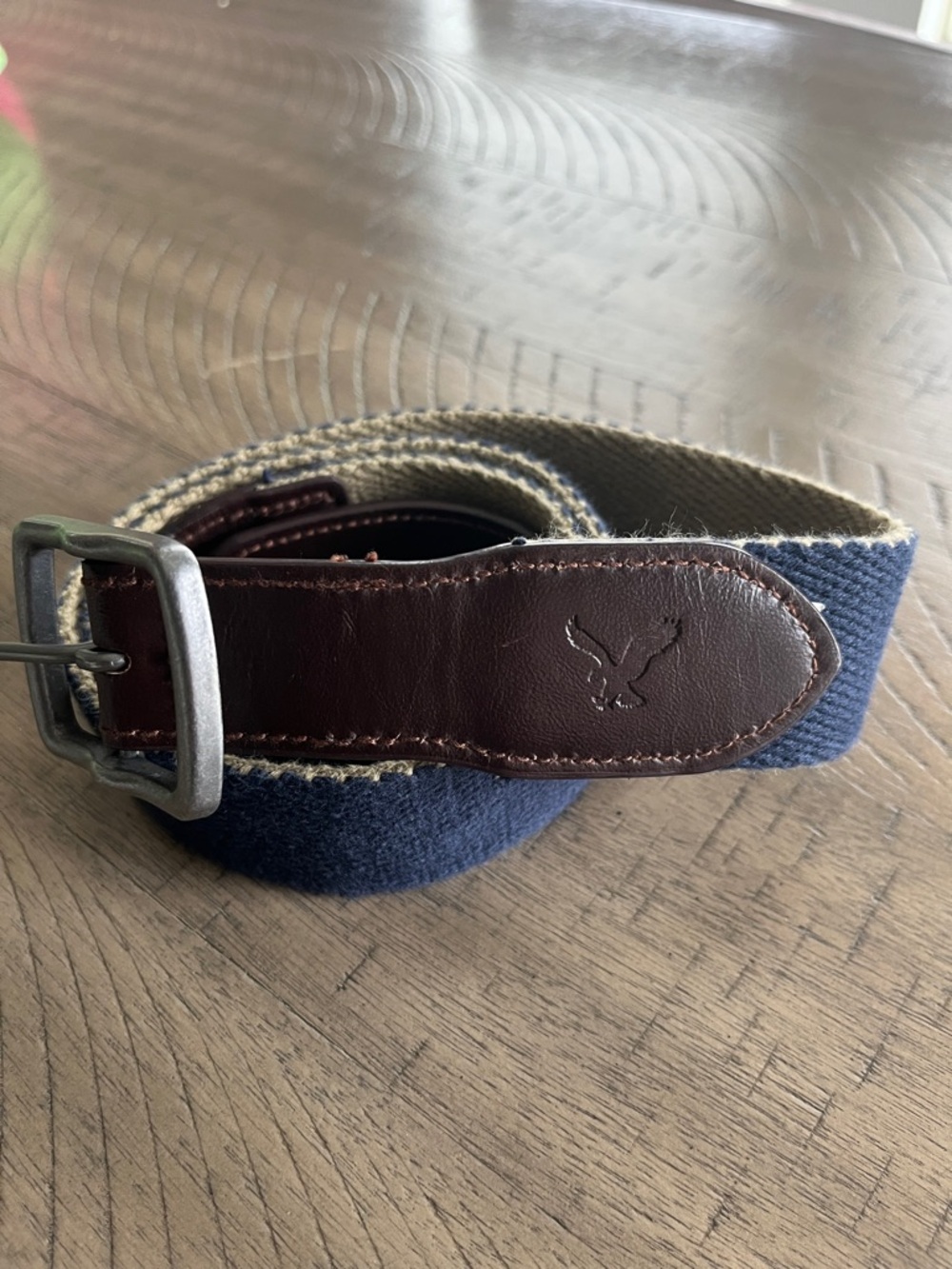 American Eagle Navy/Khaki Canvas & Brown Leather Belt Reversable-44 inches